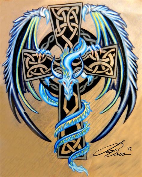 Celtic Cross With Blue And Silver Dragon Dragon Tattoo Celtic