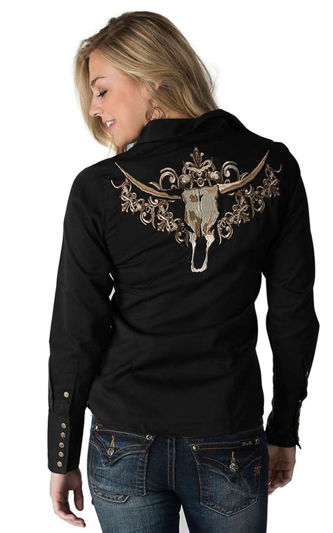 Roper Womens Black With Tan Embroidered Longhorn Long Sleeve Western