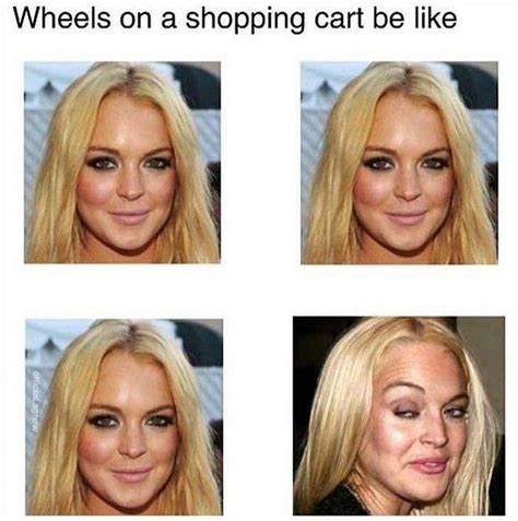 Four Pictures Of A Womans Face And The Words Wheels On A Shopping Cart