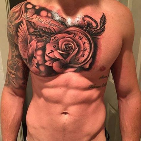 Chest And Arm Sleeve With Rose Dove And Clock Tatoeage Man Tatoeage
