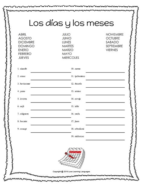 Spanish Months And Days Scrambled Words Worksheet By Teach Simple