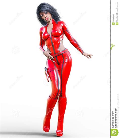 Tall Woman In Leather Red Bodysuit Stock Illustration Illustration Of Pistol Podium