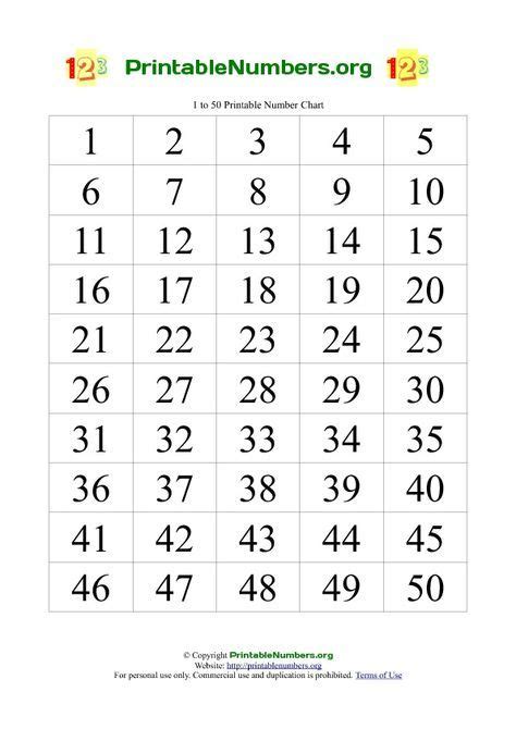 Printable Numbers Chart 1 50 Printable Numbers Number Chart Free