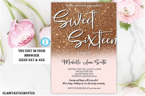 Rose gold frame green confetti photo sweet 16 invitation. Rose Gold Glitter Sweet Sixteen Birthday Party Invitation ...