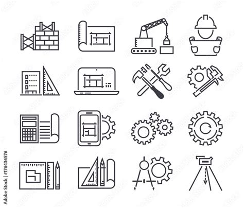 Engineering And Manufacturing Vector Icon Set In Thin Line Style Stock