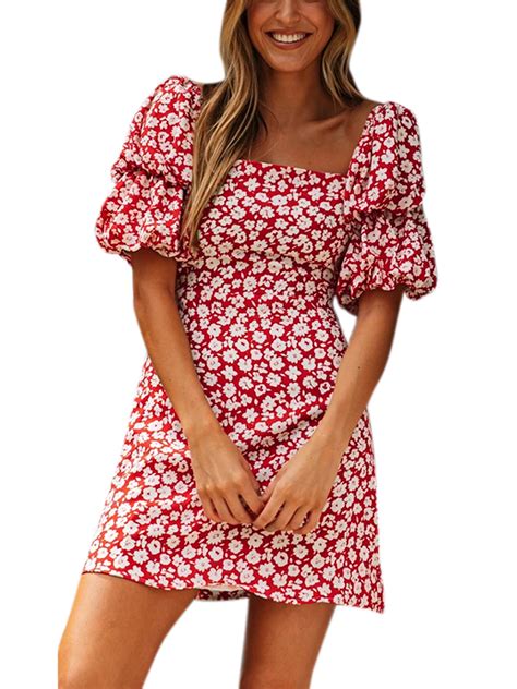 upairc womens floral short puff sleeve summer beach sundress party slim fit mini dress