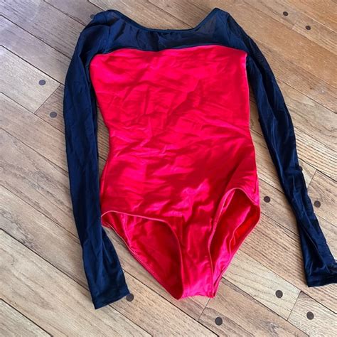 Other Long Sleeve Red Leotard With Black Mesh Sleeve Poshmark