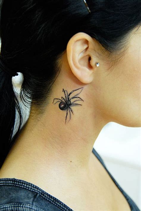 Beautiful 3d Black Widow Spider Tattoo On Side Neck For Girls