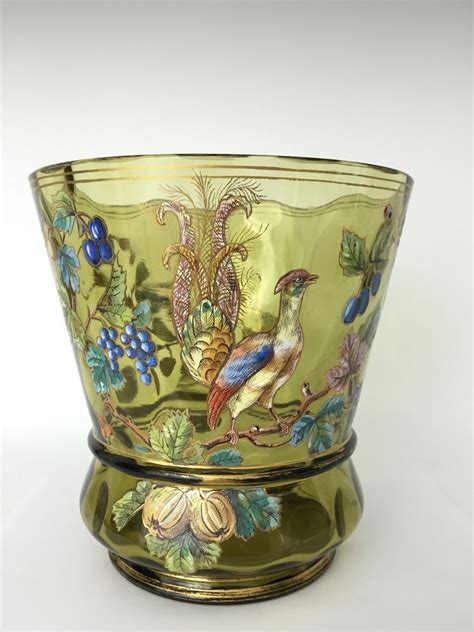 Large Bohemian Moser Style Glass Vase With Enameled Pheasant And Fruits Moser Glass Bohemian