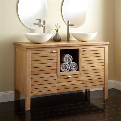 This bathroom vanity with bowl sink has a stylish design and is easy to install. 48" Wickham Teak Double Vessel Sink Vanity - Bathroom