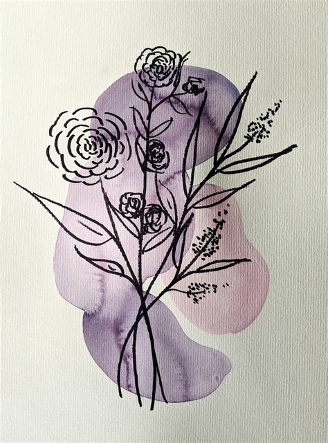 Wild Flower Roses Pink Purple Watercolor Painting Black Etsy