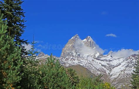 Mount Ushba With Its Double Summits Against Vivid Blue Sky Greater