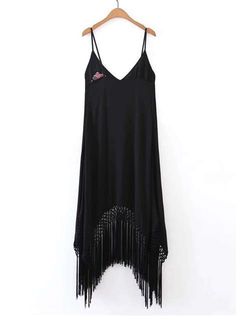 cami straps fringe hem embroidery asymmetrical dress shein sheinside