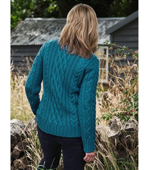 Winter Teal 100 Pure Wool Aran Crew Neck Jumper Woolovers Uk