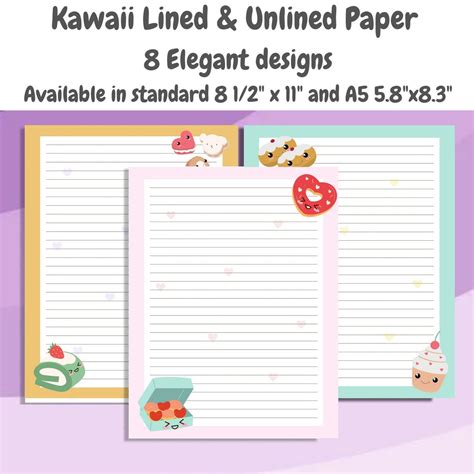 Kawaii Notebook Paper Cute Printable Lined Journal Diary Etsy