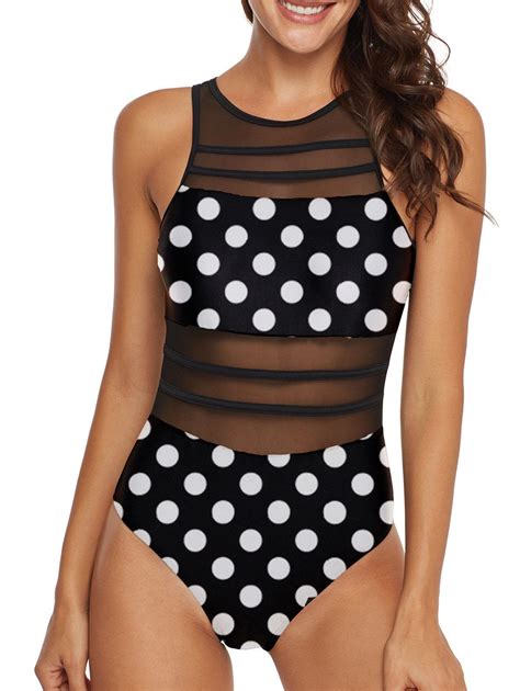 37 Off 2021 Polka Dot Cutout Mesh Panel Sheer One Piece Swimsuit In Black Dresslily