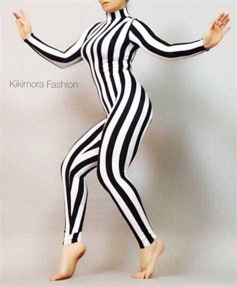 Blackandwhite Stripe Catsuit Costume Stage Outfit Jumpsuit Etsy