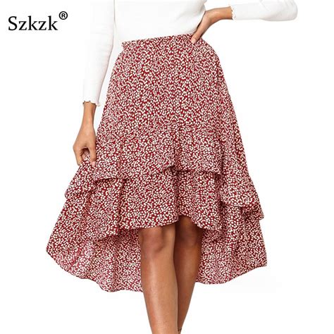 Szkzk Print Ruffle Women Skirts Spring Streetwear Asymmetrical High