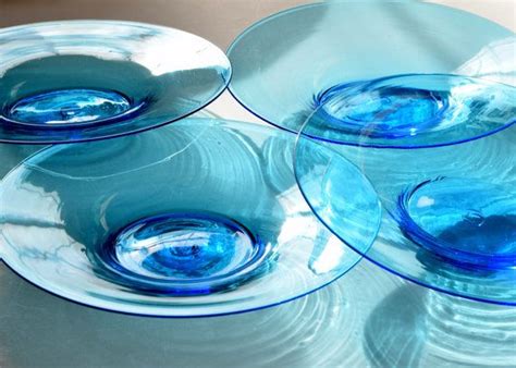 Vintage Aqua Blue Glass Plates Set Of 4 Delicate Hand Blown Etsy Glass Plates Blue Glass