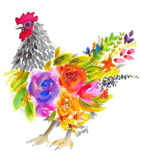 Watercolor Loose Floral Chicken Print Hand Painted Chicken Etsy