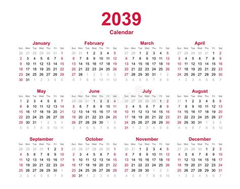Calendar 2039 12 Months Yearly Vector Calendar In Year 2039