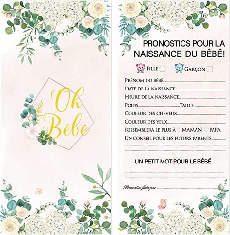 20 Feuilles Cartes Pronostics Baby Shower en Français Gender Reveal