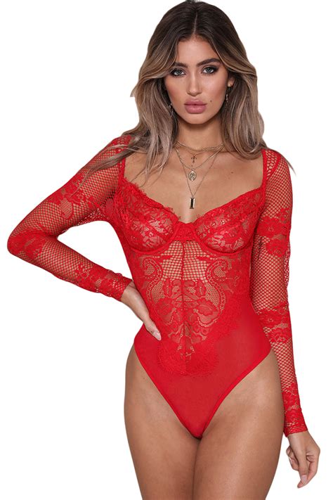 Red Long Sleeve Underwire Lace Bodysuit Lc32299red 999 Cheap Colored Contacts Coloured