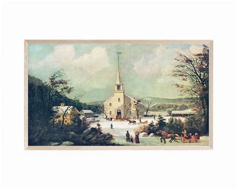 Vintage Currier And Ives Going To Church On Christmas Morning Winter