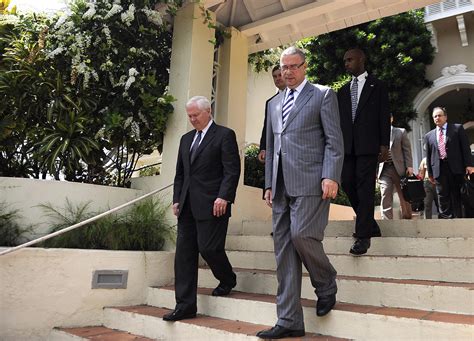 U S Defense Secretary Robert M Gates Left Walks With The Prime Minister Of Barbados Dr