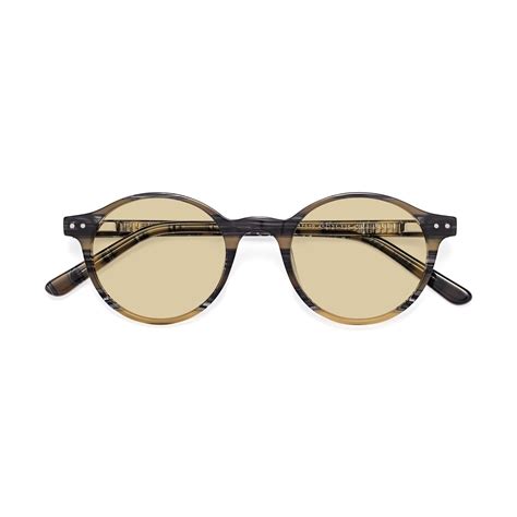 stripe yellow grey narrow acetate round tinted sunglasses with light champagne sunwear lenses