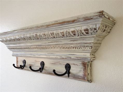 24 Shabby Chic Crown Molding Floating Wall Shelf With 3 Hooks
