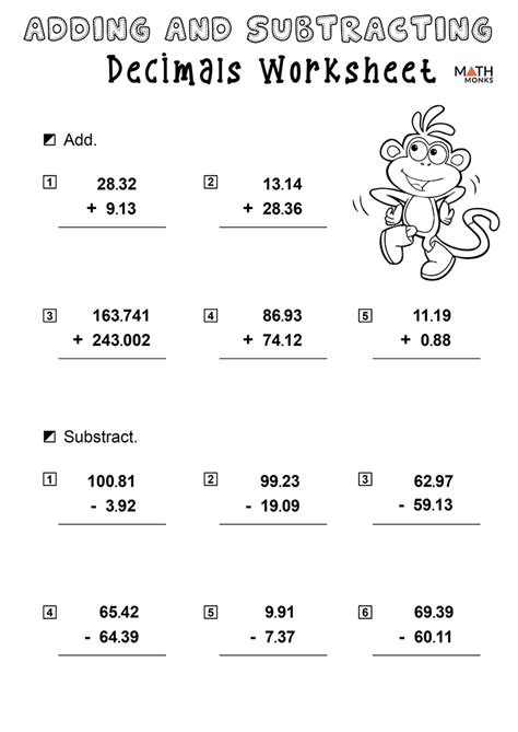 Add And Subtract Decimal Numbers Worksheet