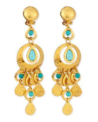 24k Gold Plated Turquoise Chandelier Clip On Earrings Turquoise