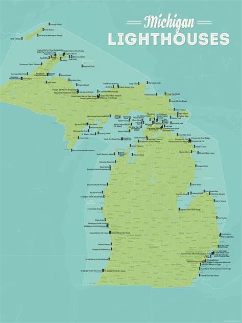 Michigan Lighthouses Map 18x24 Poster Best Maps Ever
