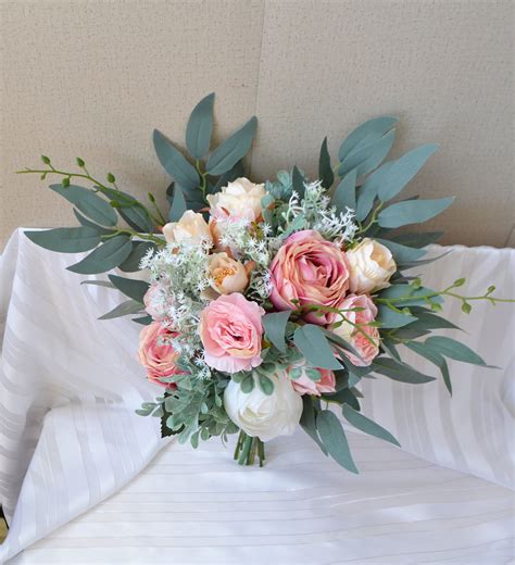 Blush Pink Eucalyptus Boho Bridal Bouquet Pastel Wedding Faux Etsy