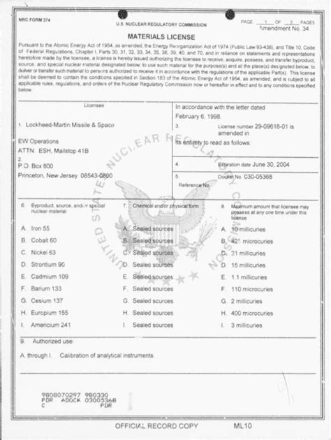 Fillable Online Matls Licensing Package For Amend 34 To License 29