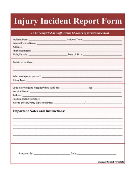Injury Incident Report Form In Word And Pdf Formats