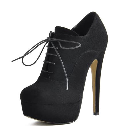 Platform Lace Up Stiletto High Heels Black Suede Leather Ankle Bootie