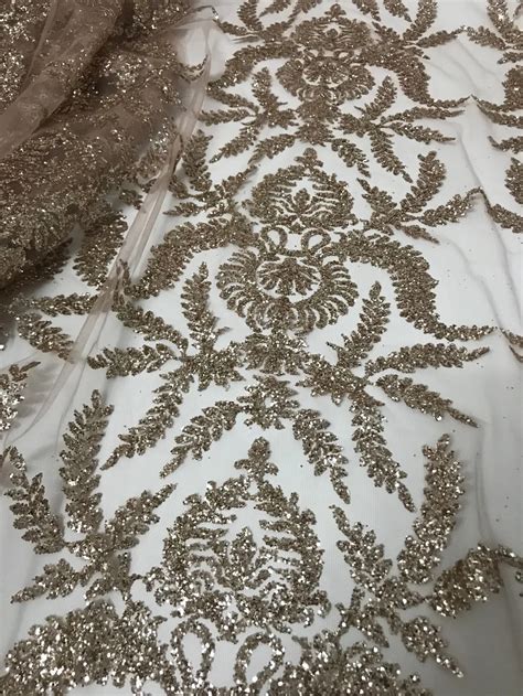 Modern Design Rose Gold French Net Lace Fabric Glued Glitter African