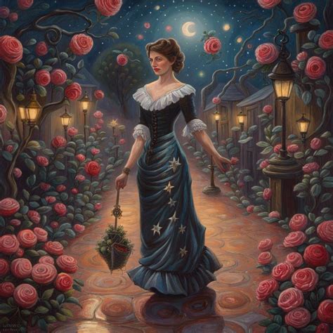 A Victorian Woman Walking Through A Fantastical Nighttime Wonderland