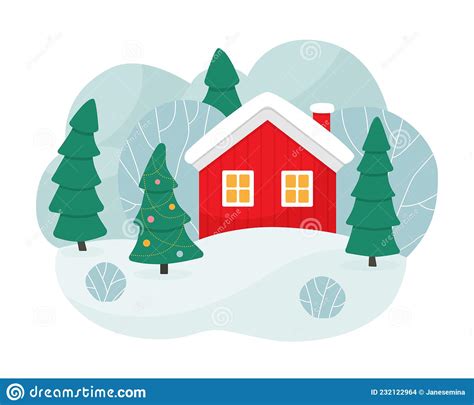 Winter Scene With A Red House Trees And A Christmas Tree Red Cottage