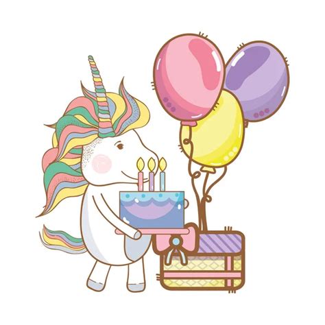 Happy Birthday Card Cute Unicorns Fantasy Cartoons Vector Illustration