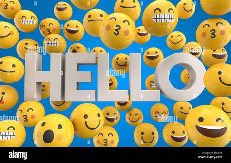 Set Of Emoji Emoticon Character Faces With The Word Hello 3d Rendering