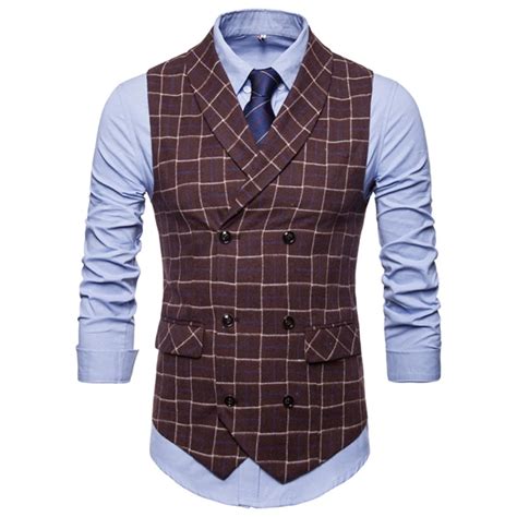 2019 Riinr New Classic Plaid Suit Vest Men Slim Fit Double Breasted