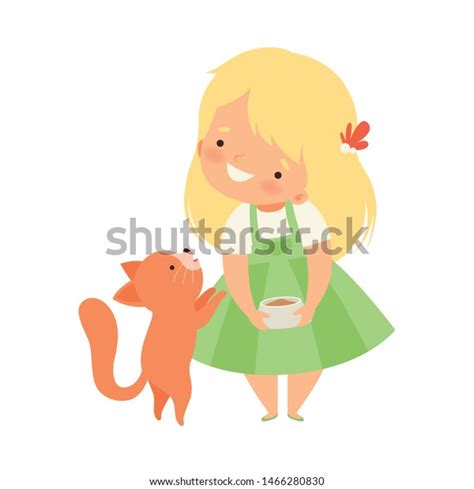 Cute Little Girl Feeding Her Kitten Stock Vector Royalty Free