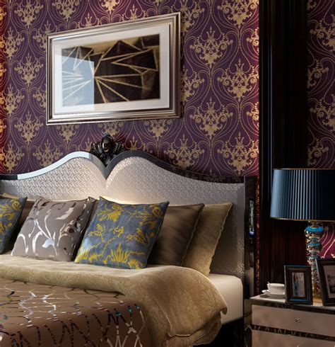 Luxury Victorian Vintage Golden Damask On Purple Wallpaper Bedroom