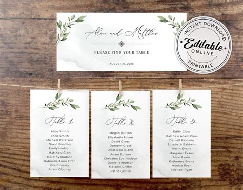 Greenery Wedding Seating Table Cards Template Find Your Table Etsy