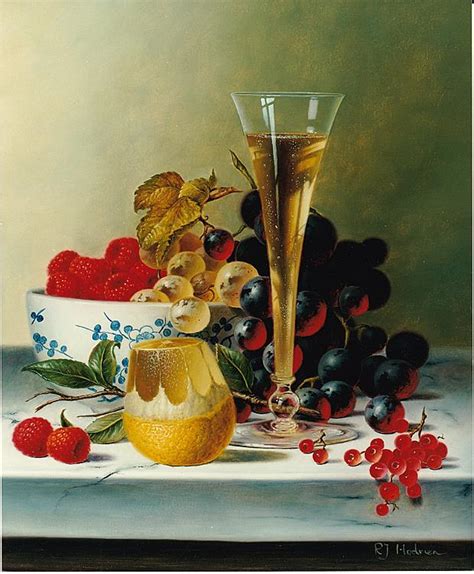 Roy Hodrien Still Life With Champagne And Fruit On Marble
