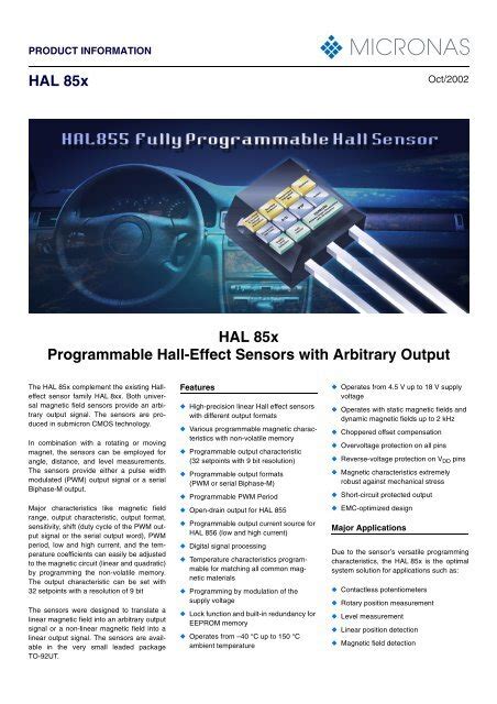Hal 85x Hal 85x Programmable Hall Effect Sensors Micronas