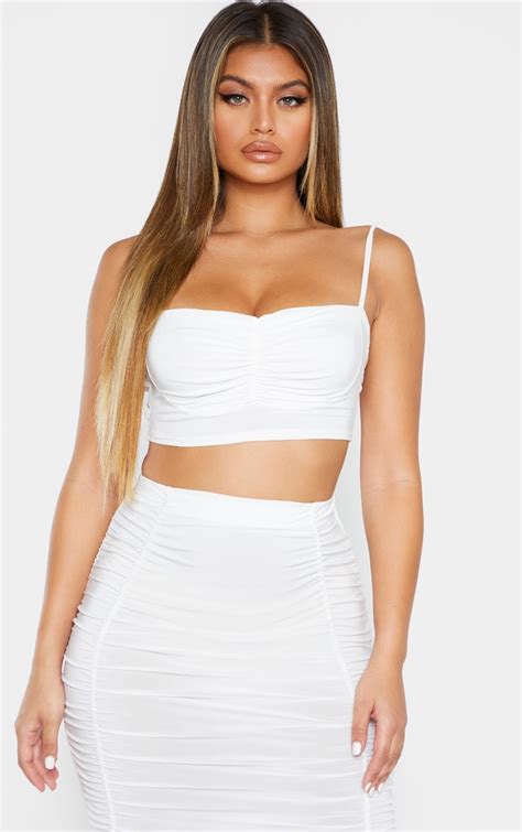 Cream Slinky Ruched Front Detail Strappy Crop Top Prettylittlething